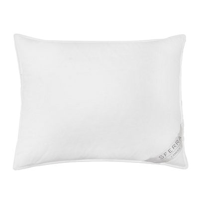 Sferra Camden white down pillow with logo detail, shown on white background.