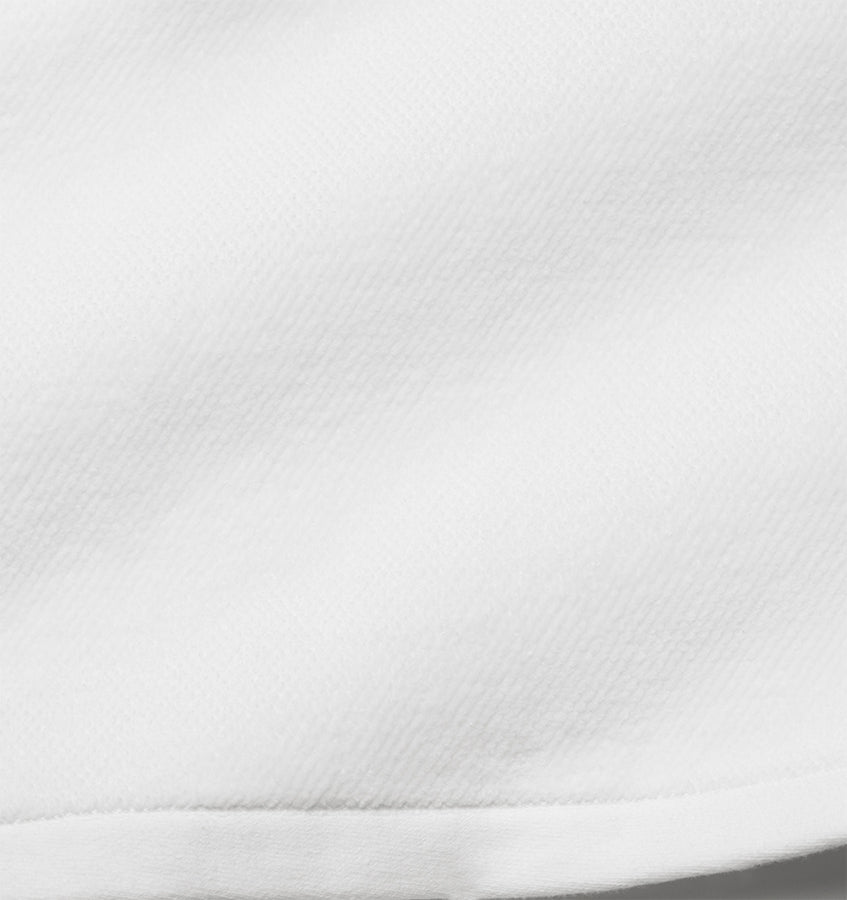 Close-up of white woven cotton tub mat surface showing fine diagonal texture and hem edge.