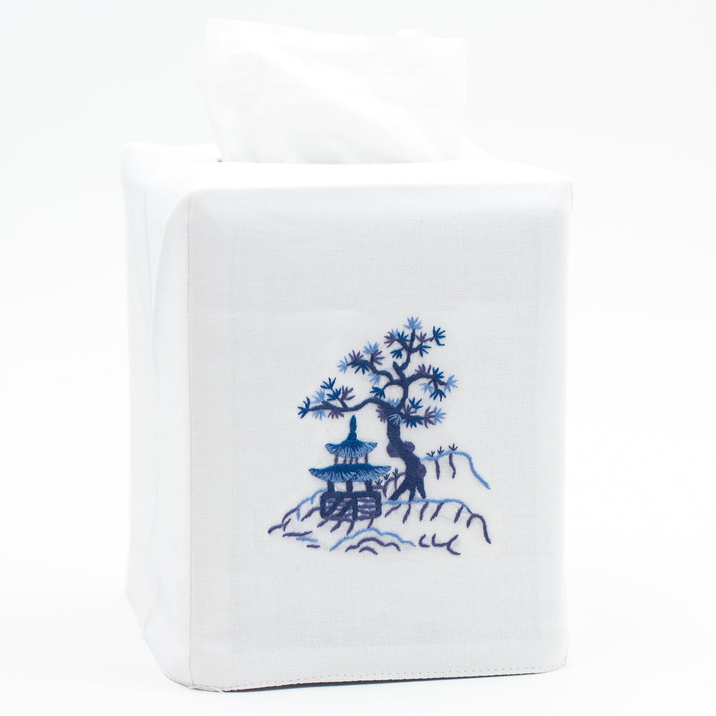 Close-up of Henry Handwork Canton Blue tissue box cover with embroidered pagoda and pine tree motif.