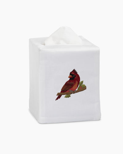 Henry Handwork white linen tissue box cover with embroidered red cardinal on branch.