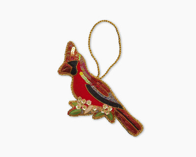 Henry Handwork cardinal red embroidered ornament with gold cord hanger.