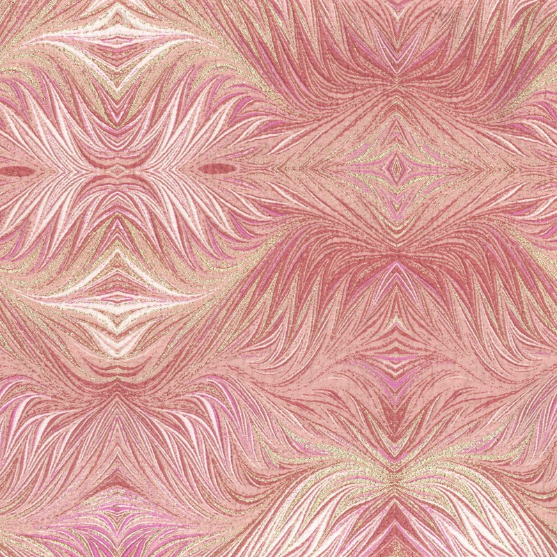 A symmetrical pattern in shades of rose gold, pink, and white with a shimmering texture, featuring Boheme Pillow Cover by Celso de Lemos available at Linen Society.