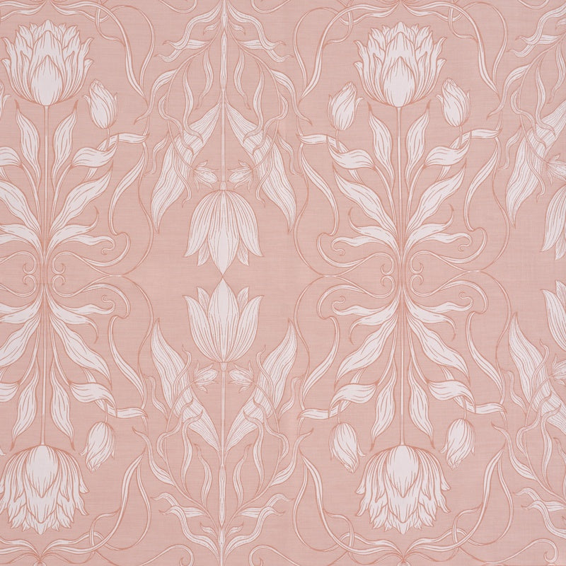 A symmetrical floral pattern in white outlines on a light pink background. featuring Botanica Pillowcase by Celso de Lemos available at Linen Society.