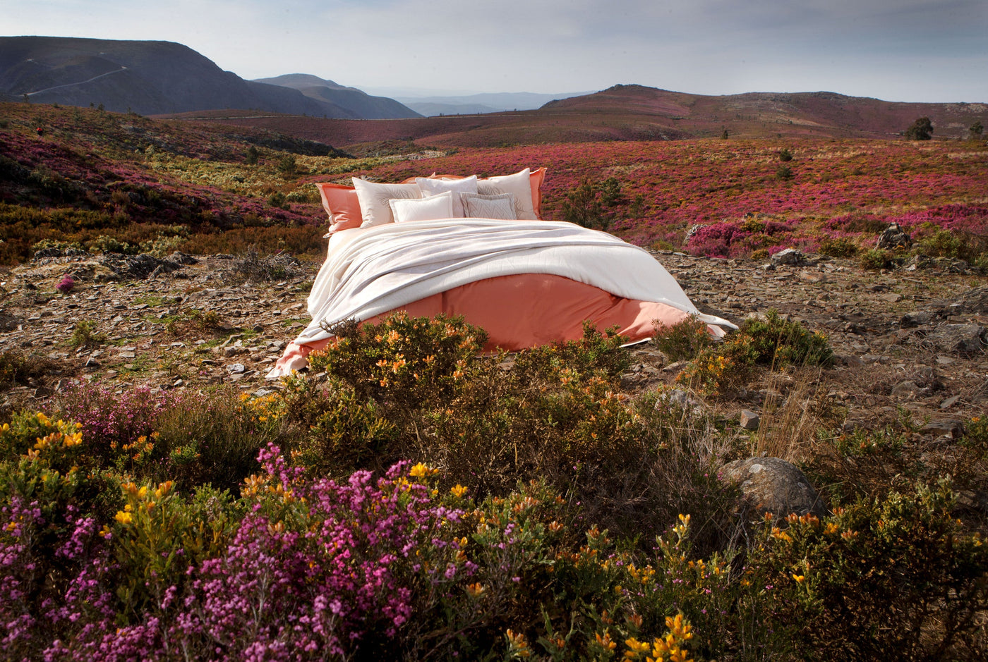 Bed with white and coral bedding arranged outdoors amid flowering shrubs, featuring Emma Pillowcase by Celso de Lemos available at Linen Society.