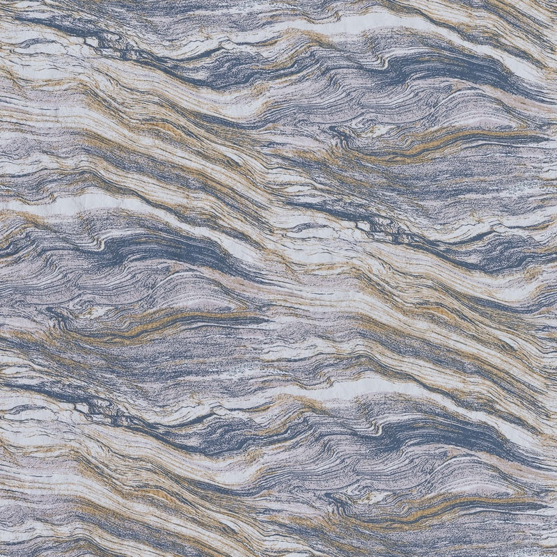 Close-up of a fabric with swirling patterns in blue, grey, and gold, featuring Filigrane Pillow Cover by Celso de Lemos available at Linen Society.