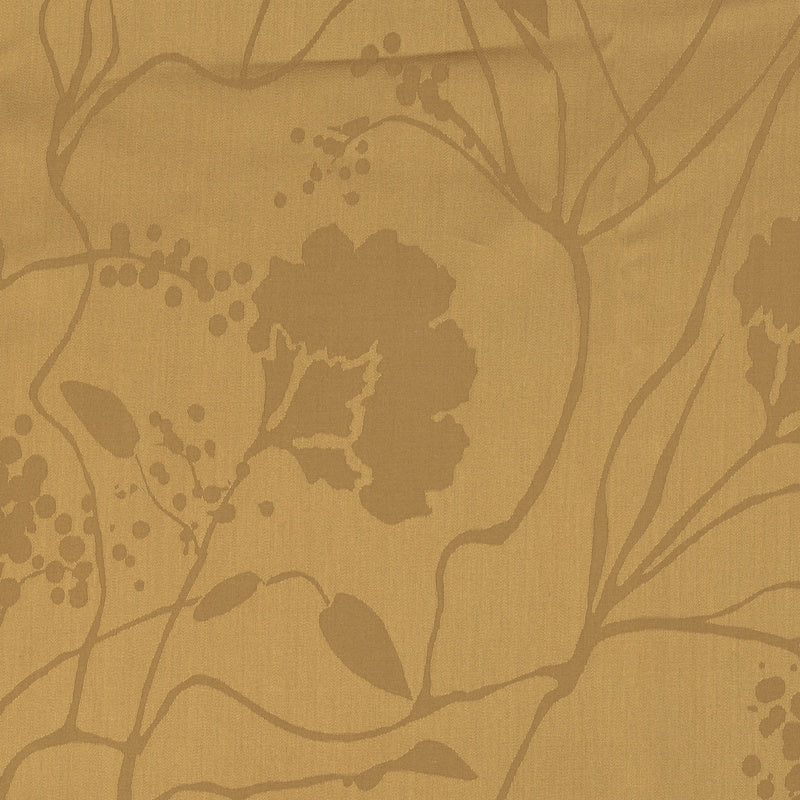A golden-hued fabric with a subtle sheen displays a botanical print of flowers and branches, featuring Jardim Pillowcase by Celso de Lemos available at Linen Society.