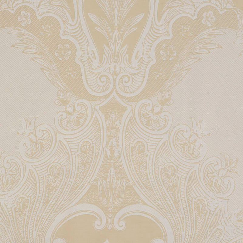 Close-up of Celso de Lemos Pompadour duvet cover showing champagne damask jacquard weave.