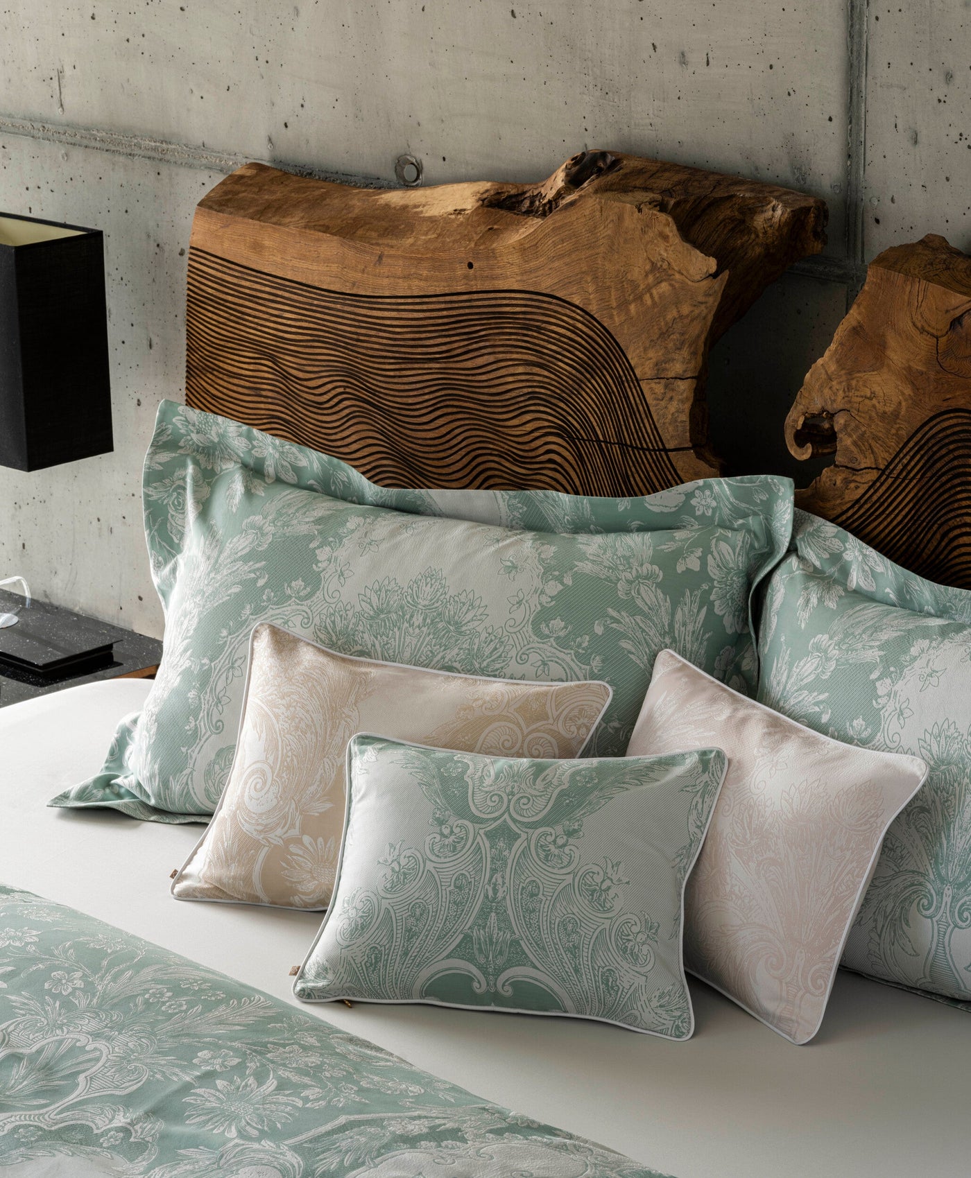 Celso de Lemos Pompadour pillowcase in sage green with ornate damask jacquard pattern.