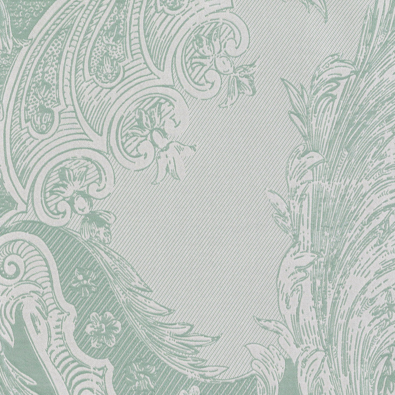 Close-up of Celso de Lemos Pompadour pillowcase in sage, showing damask jacquard weave detail.
