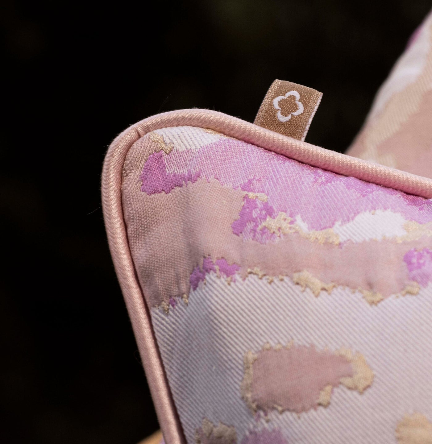 Celso de Lemos Rosa pillow cover in blush pink with abstract watercolor print and velvet trim.