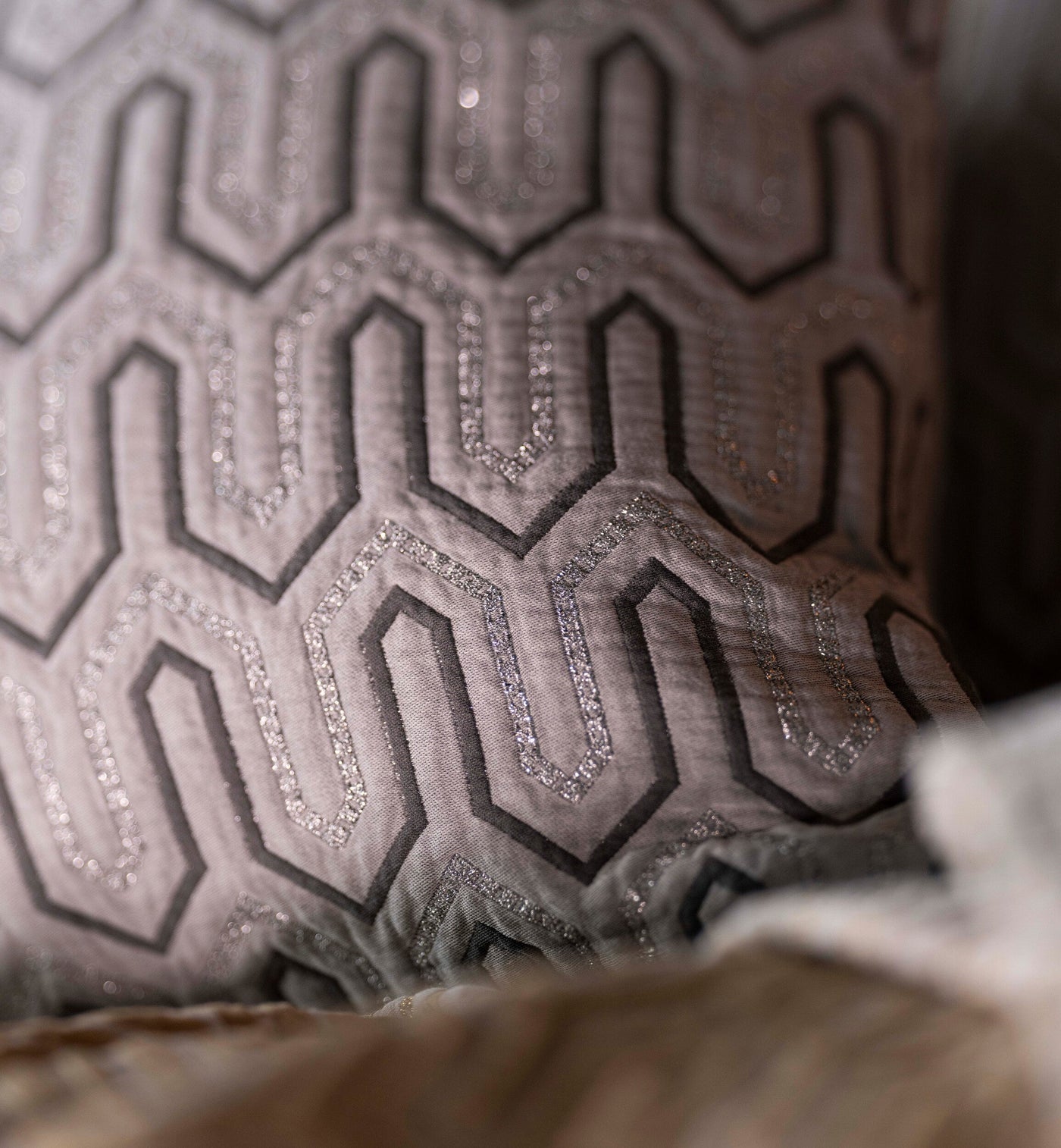 Close-up of Celso de Lemos Vendome pillow cover geometric embroidery in pewter.