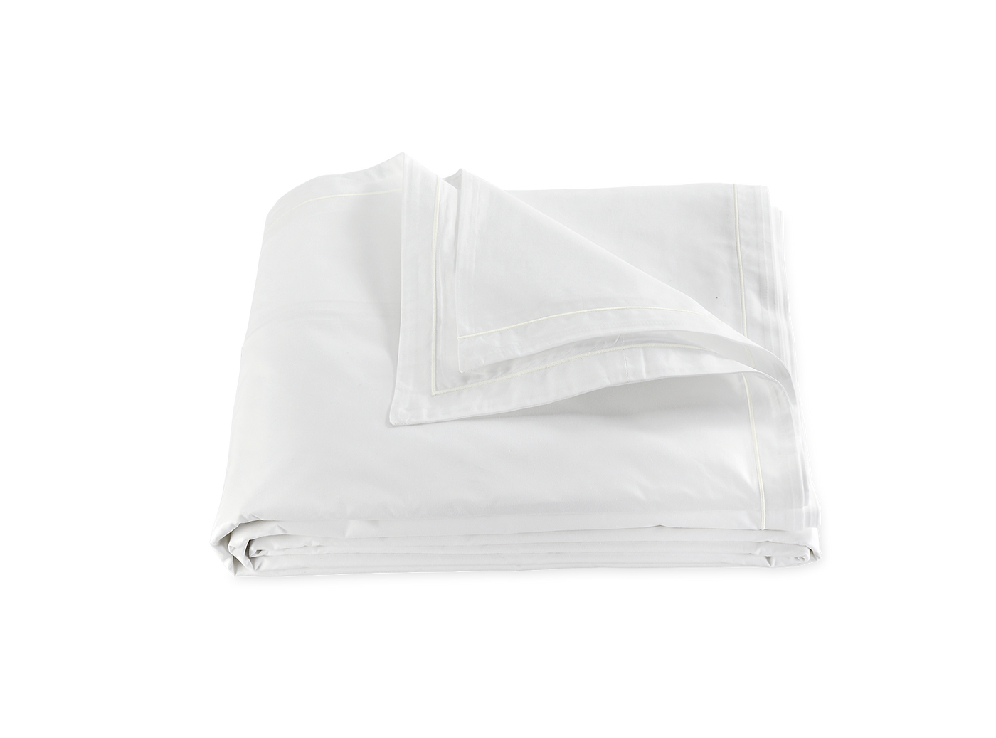 Matouk Ceylon duvet cover in white cotton with satin stitch border, neatly folded.