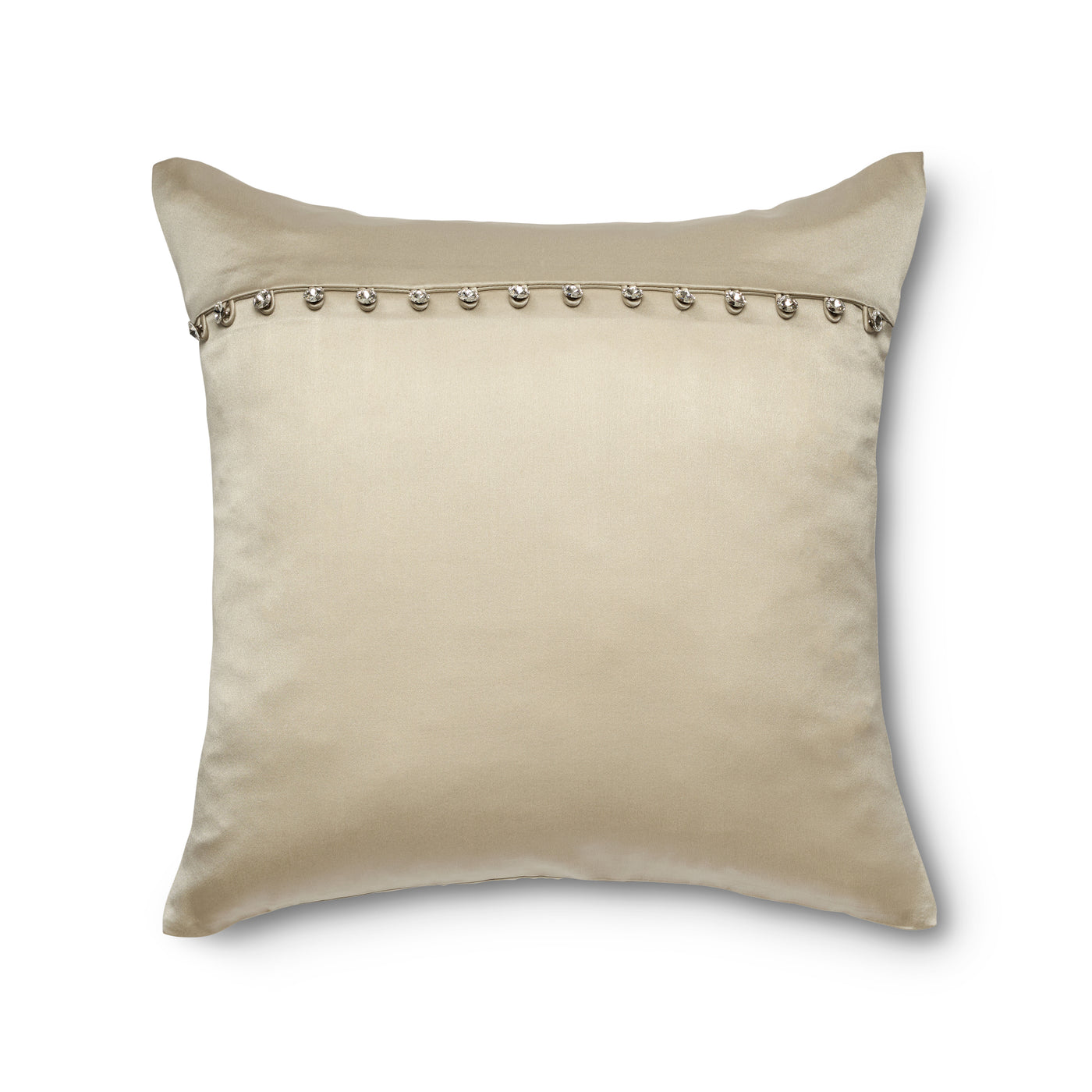 Champagne charmeuse pillow back with row of silver crystal button embellishments.