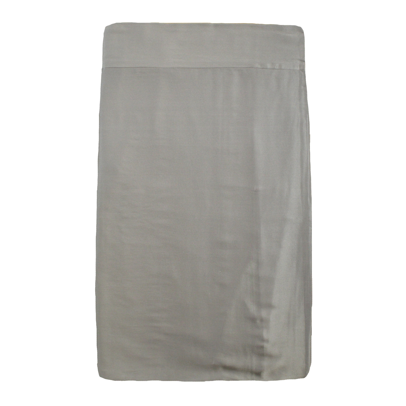 Close-up of Ann Gish Charmeuse tailored bed skirt in silver-grey, showing hem and fabric drape.