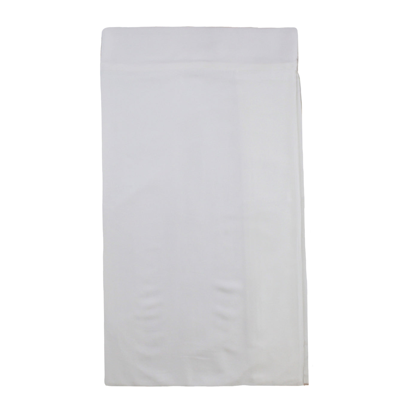 White Ann Gish Charmeuse bed skirt laid flat, showing full length and smooth satin fabric.