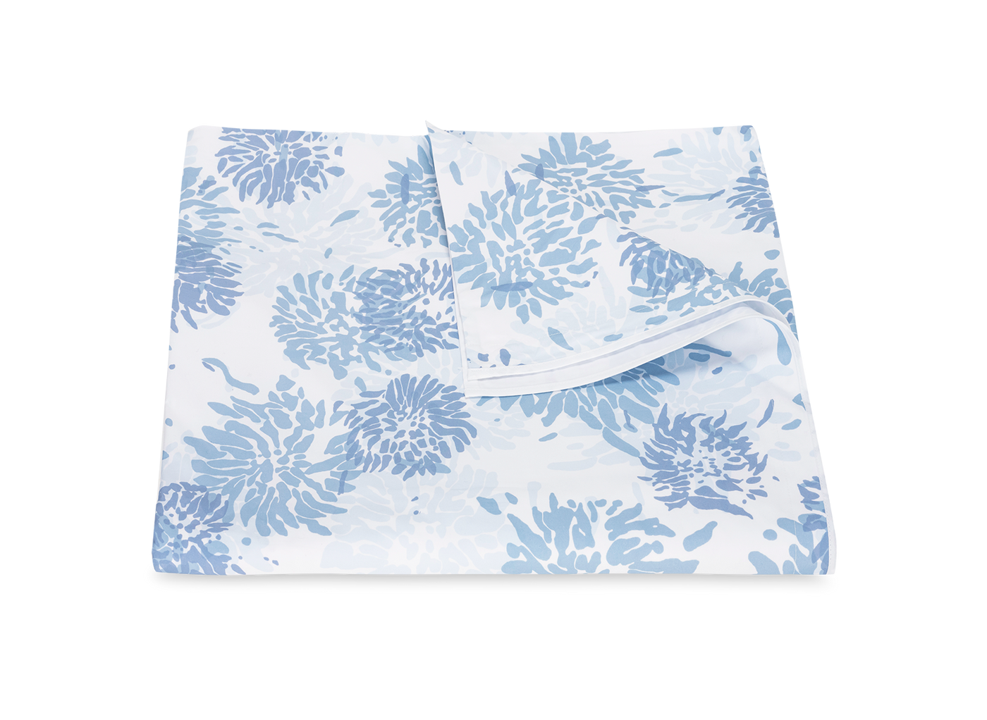 Matouk Chrysanthemum duvet cover in sky blue floral print, neatly folded.