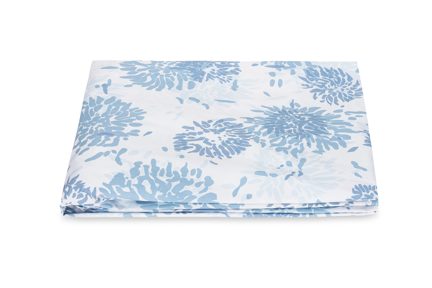 Matouk Chrysanthemum fitted sheet in sky blue floral print, neatly folded.