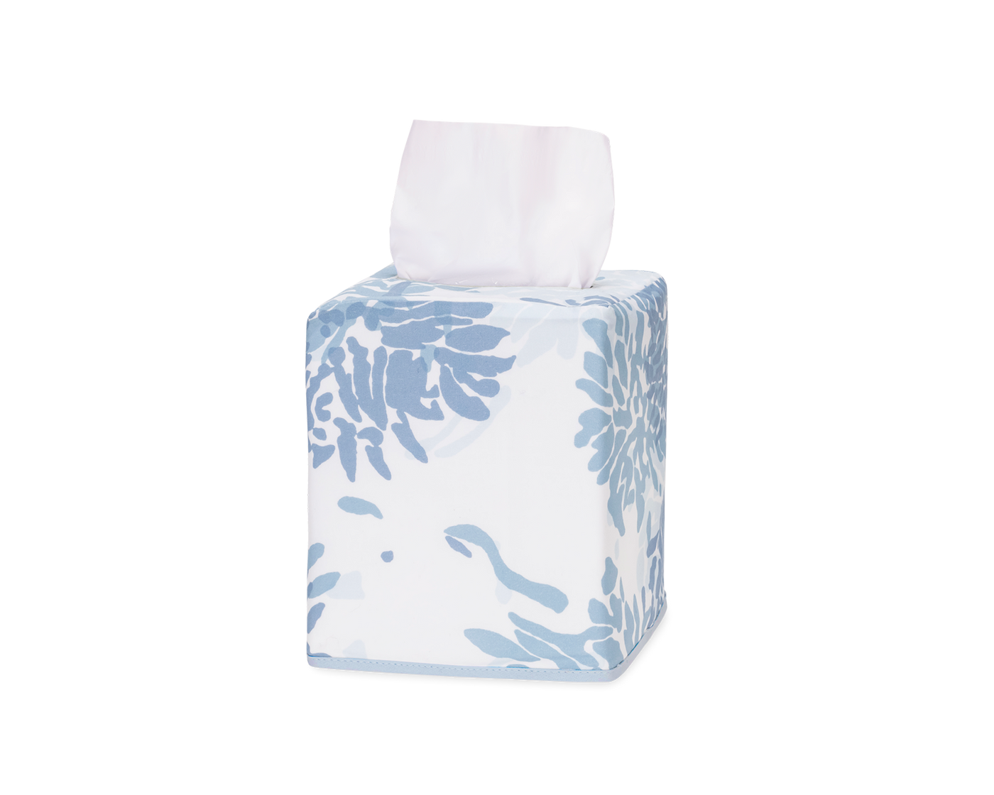 Matouk Chrysanthemum tissue box cover in white with slate blue floral print.