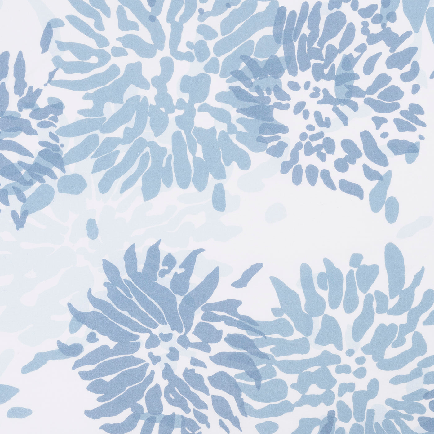 Close-up of Matouk Chrysanthemum duvet cover in cornflower blue floral print on white.