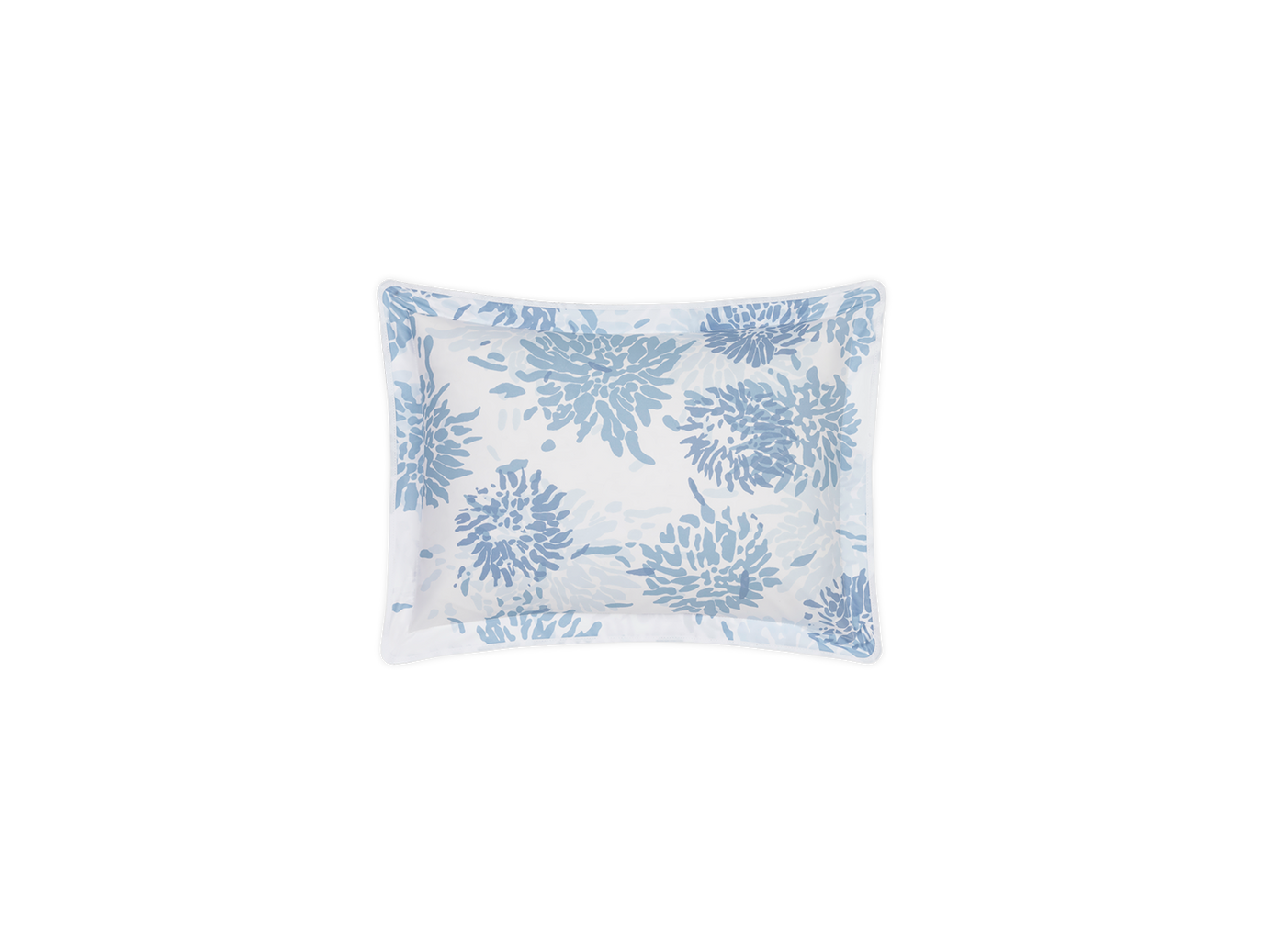 Matouk Chrysanthemum sham in sky blue floral print on ivory cotton with flanged edge.