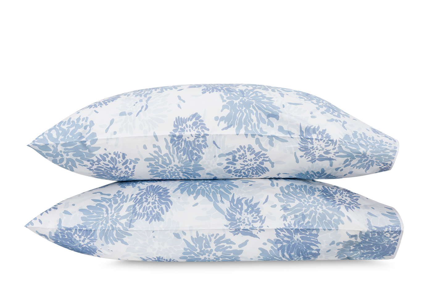 Matouk Chrysanthemum pillowcase set in sky blue floral print on white cotton.