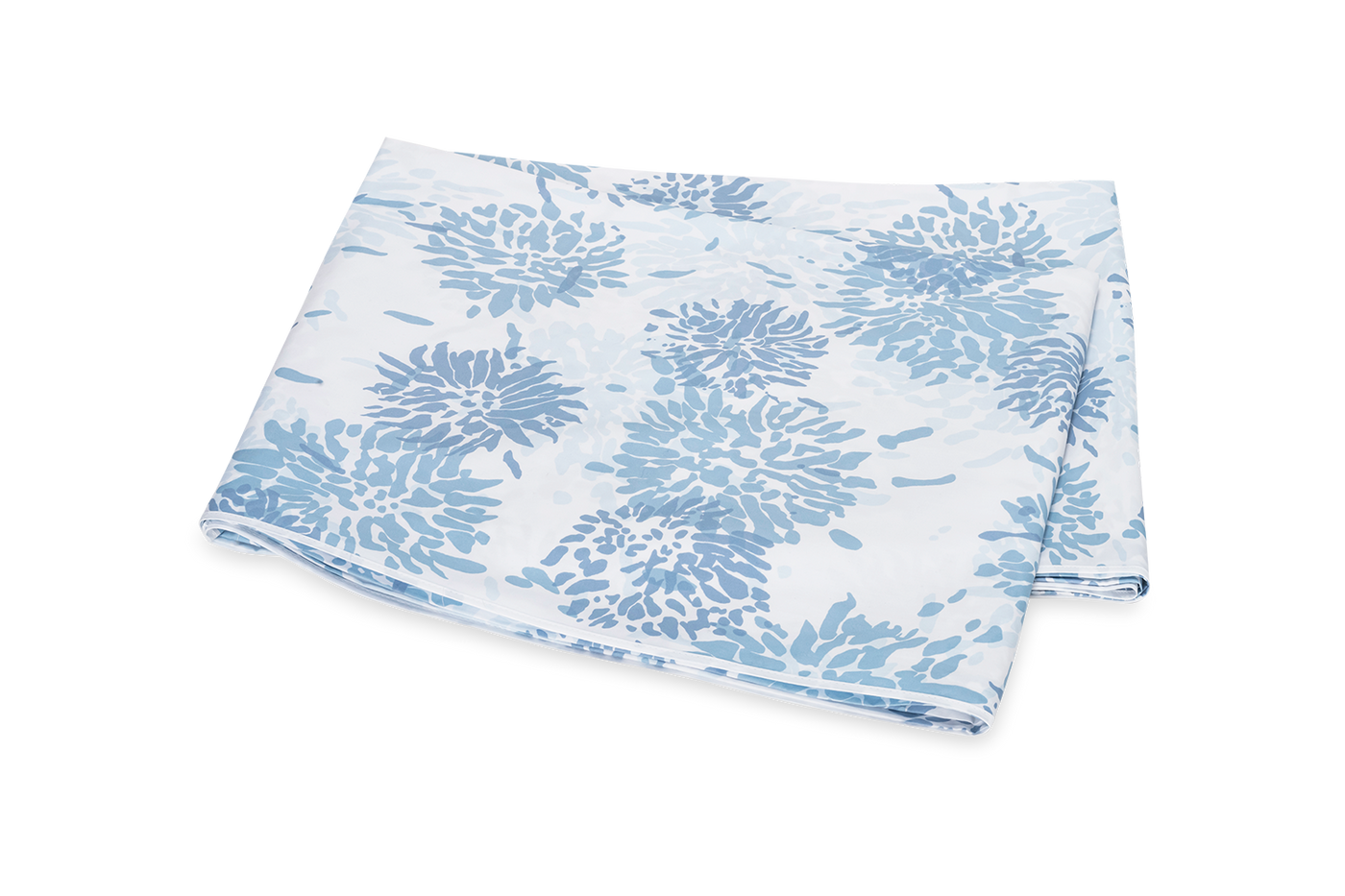 Matouk Chrysanthemum flat sheet in sky blue floral print, neatly folded.