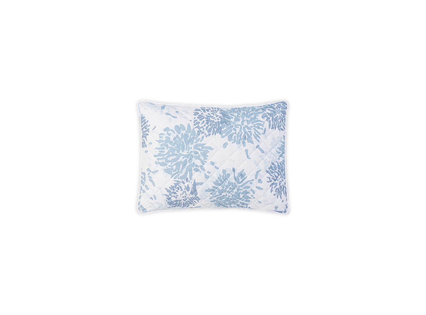 Matouk Chrysanthemum quilted sham in sky blue floral print on white.