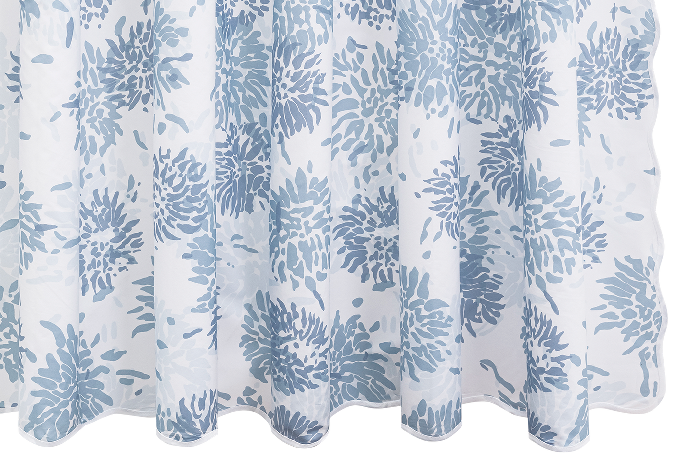 Matouk Chrysanthemum shower curtain in slate blue floral print on white cotton.