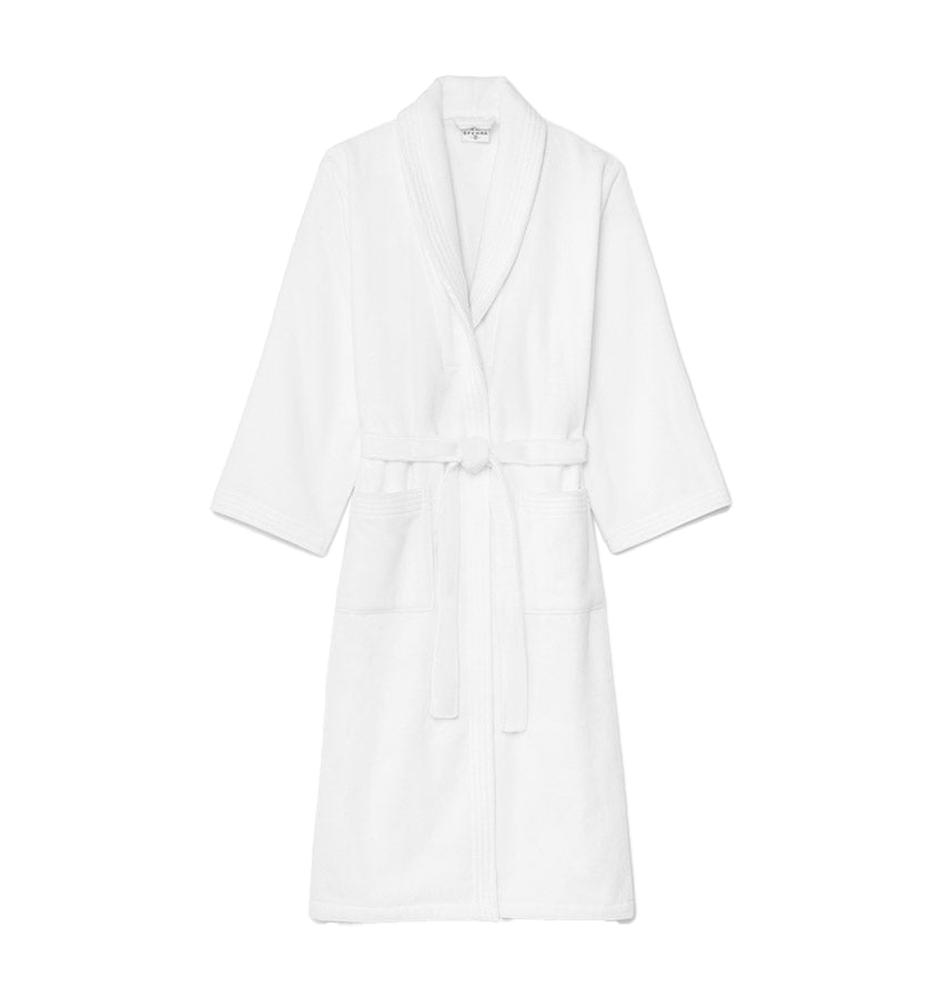 Sferra Cielo robe in white with shawl collar, waffle texture, and self-tie belt.