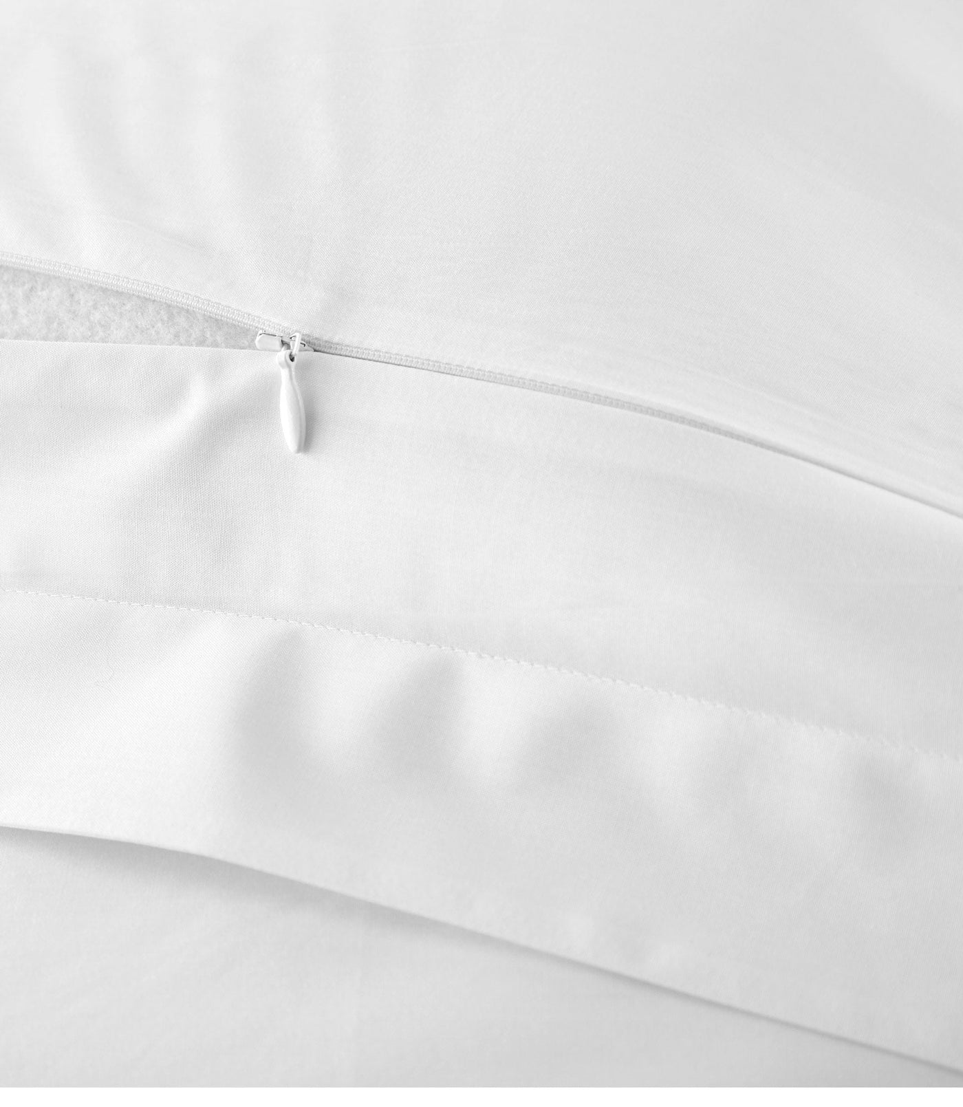 Close-up of white zipper closure and contrast satin border on Peacock Alley Deco duvet cover.