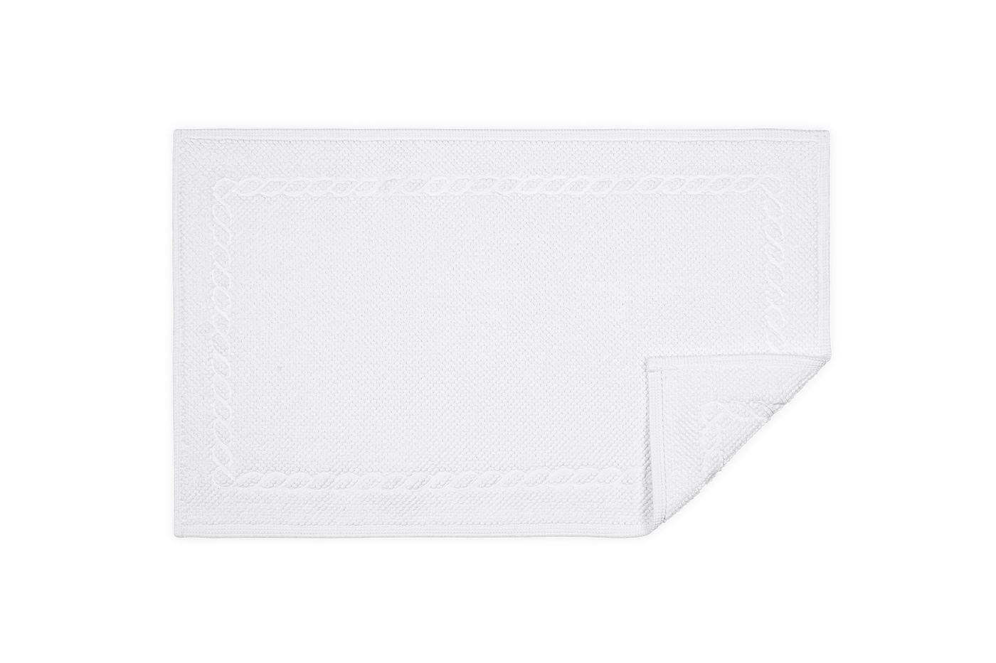 Corner detail of Matouk Classic Chain tub mat showing woven chain border in white.