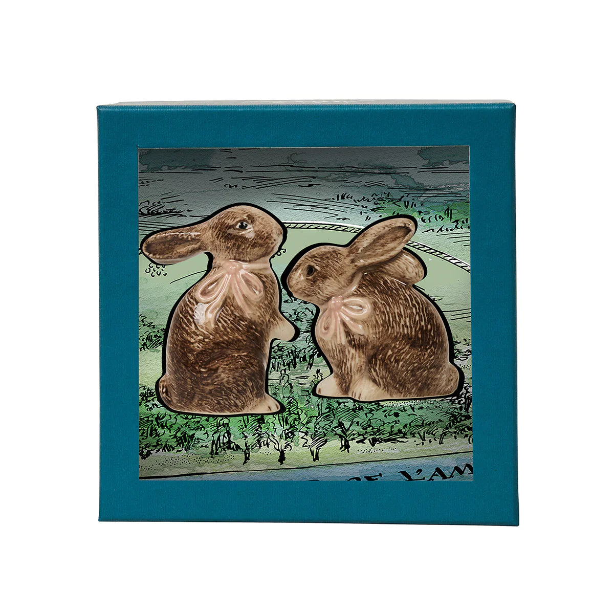 Juliska Clever Creatures bunny shakers teal gift box with illustrated rabbit motif lid.
