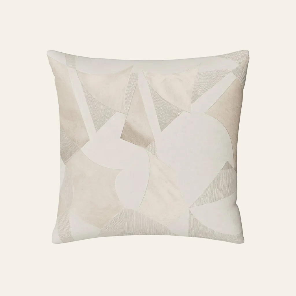 Ann Gish Clio sham in ivory with tonal abstract appliqué geometric shapes.