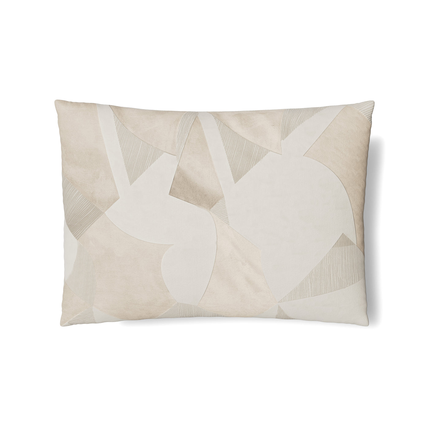 Ivory patchwork geometric appliqué detail on Ann Gish Clio sham, neutral tones.