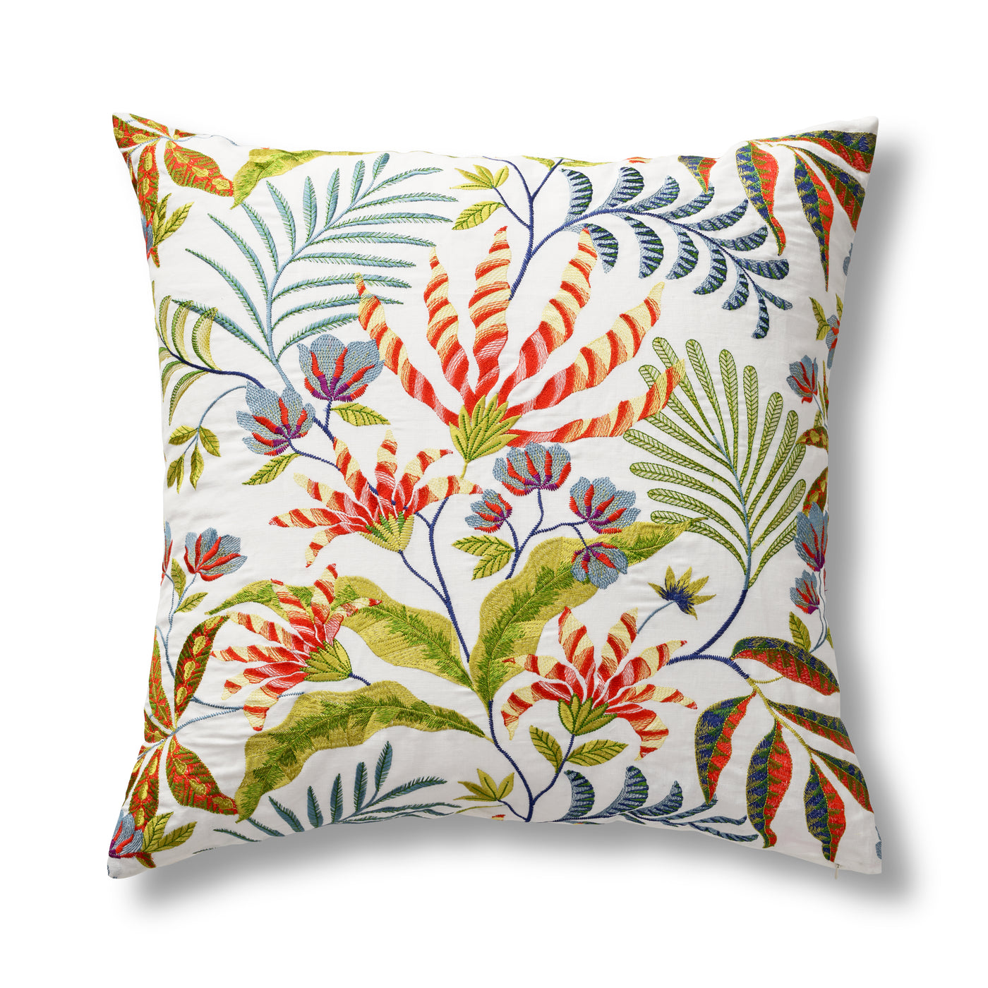Ann Gish Cloud pillow with multicolor tropical floral embroidery on ivory ground.