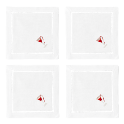Henry Handwork white linen cocktail napkins with red peppermint martini embroidery, set of four.