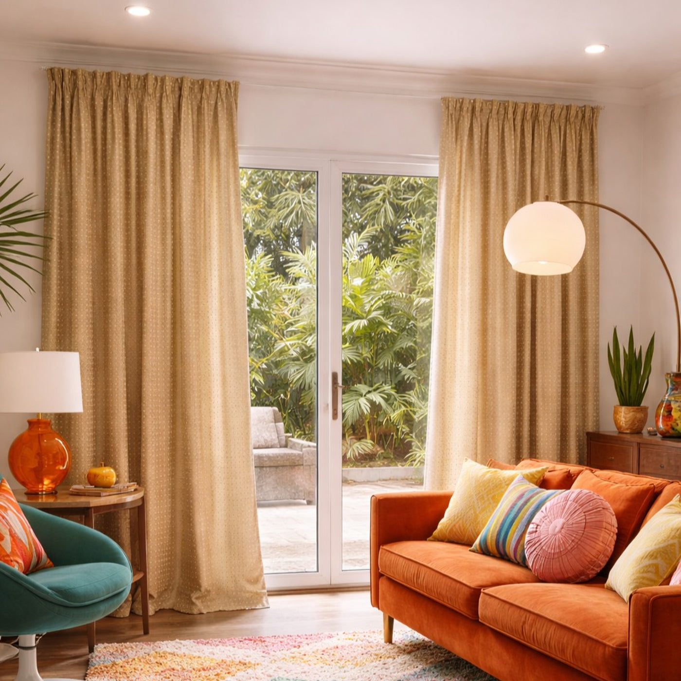 Honey gold textured curtain panels framing glass patio doors in a bright, colorful living room.