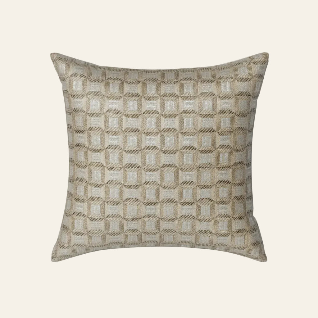 Ann Gish Collonade pillow in taupe with woven geometric square repeat pattern.