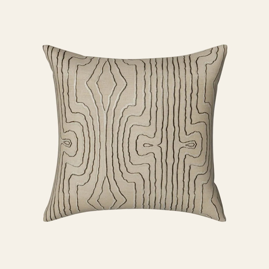 Ann Gish Contour pillow in natural linen with dark embroidered topographic line pattern.