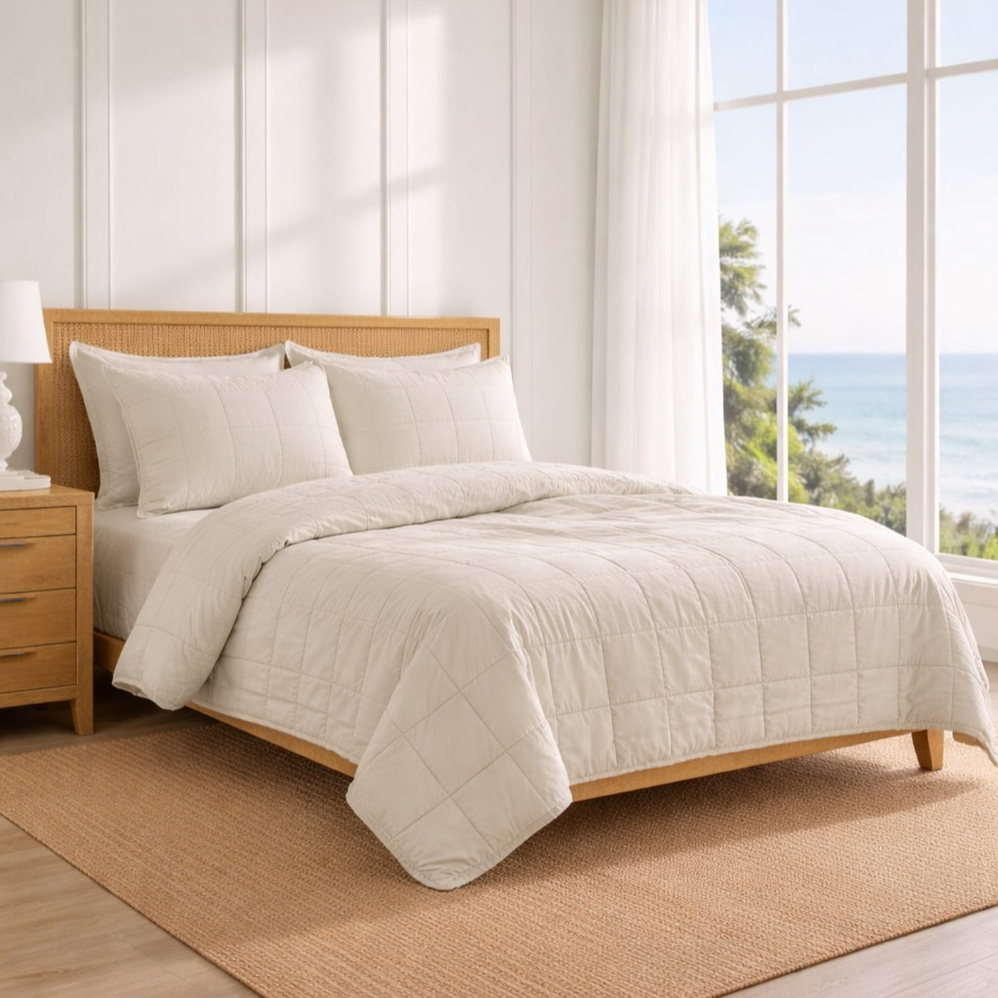 Ivory quilted coverlet set on bed, ocean view backdrop, square-stitched pattern detail.