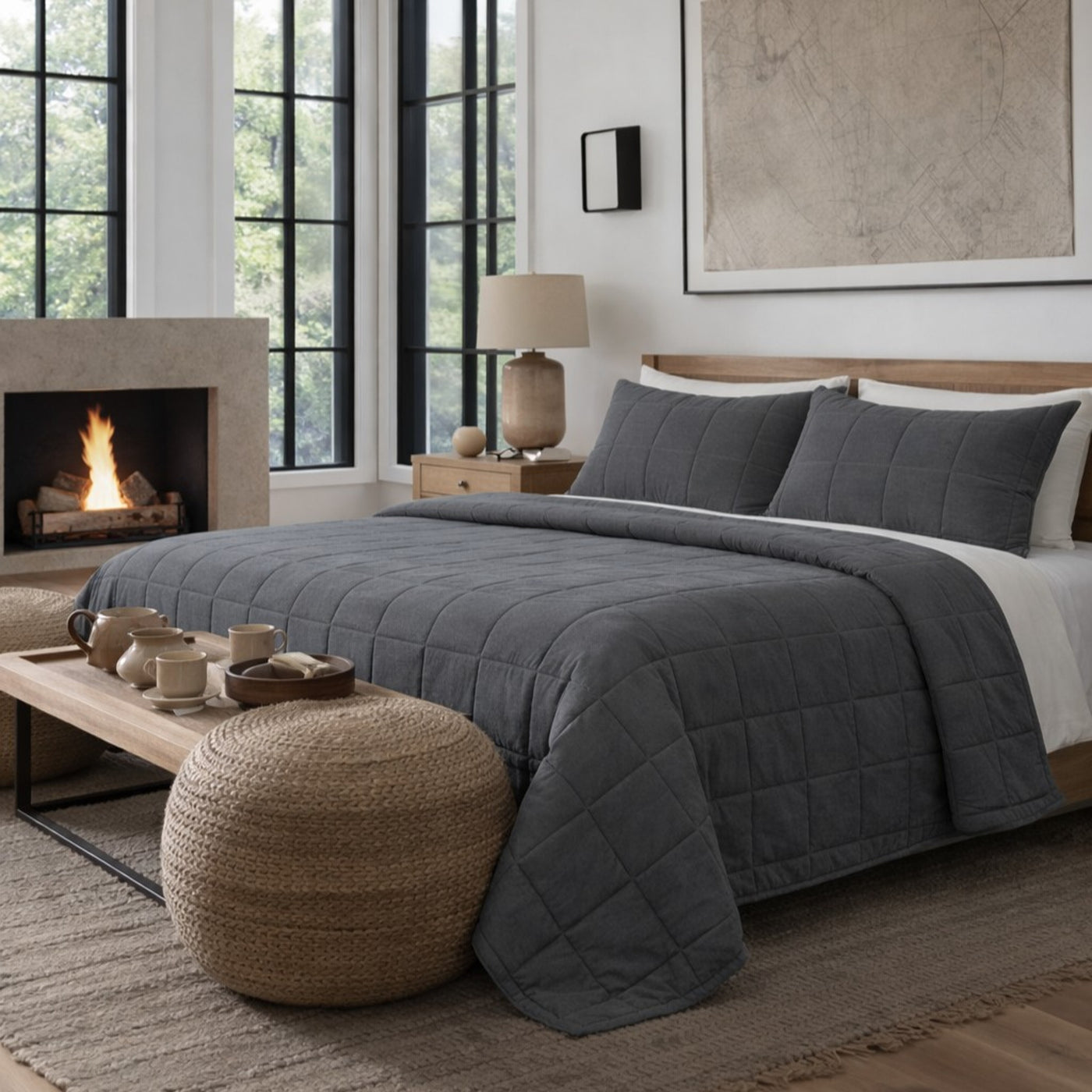 Ann Gish Cotton Canvas Coverlet Set in charcoal, grid-quilted, styled on bed with fireplace.