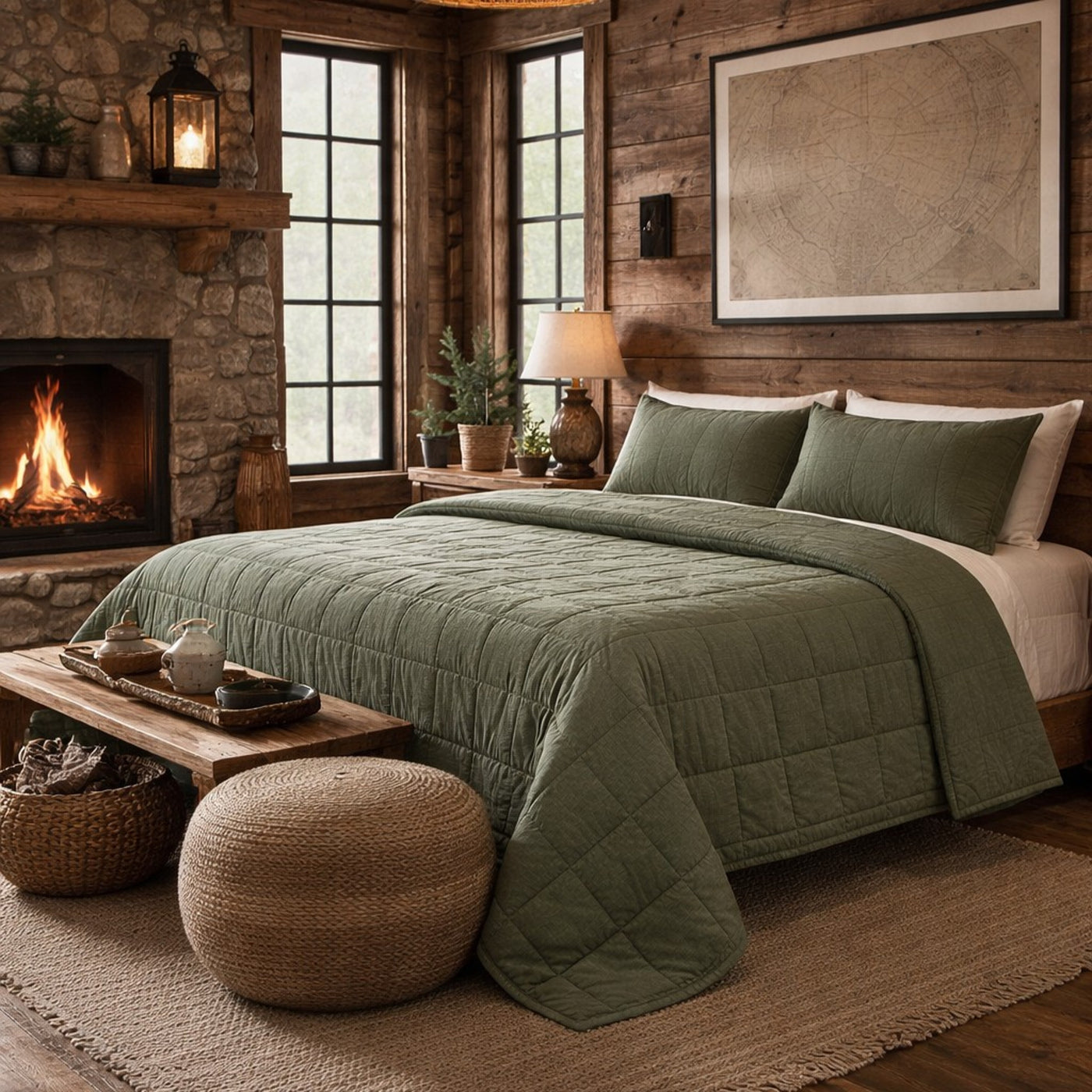 Ann Gish Cotton Canvas Coverlet Set in olive, diamond-quilted, styled in rustic cabin bedroom with lit fireplace.