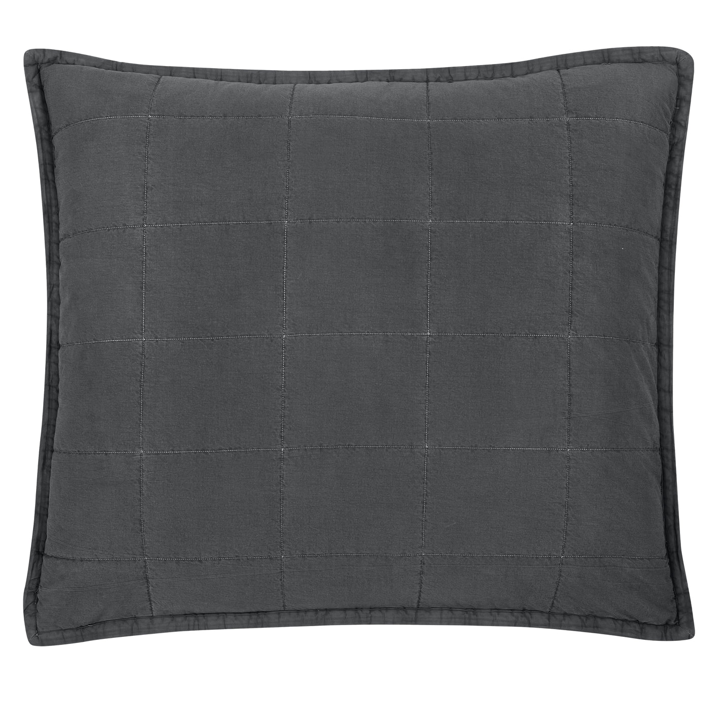 Charcoal quilted cotton canvas pillow with grid stitching and flanged edge detail.