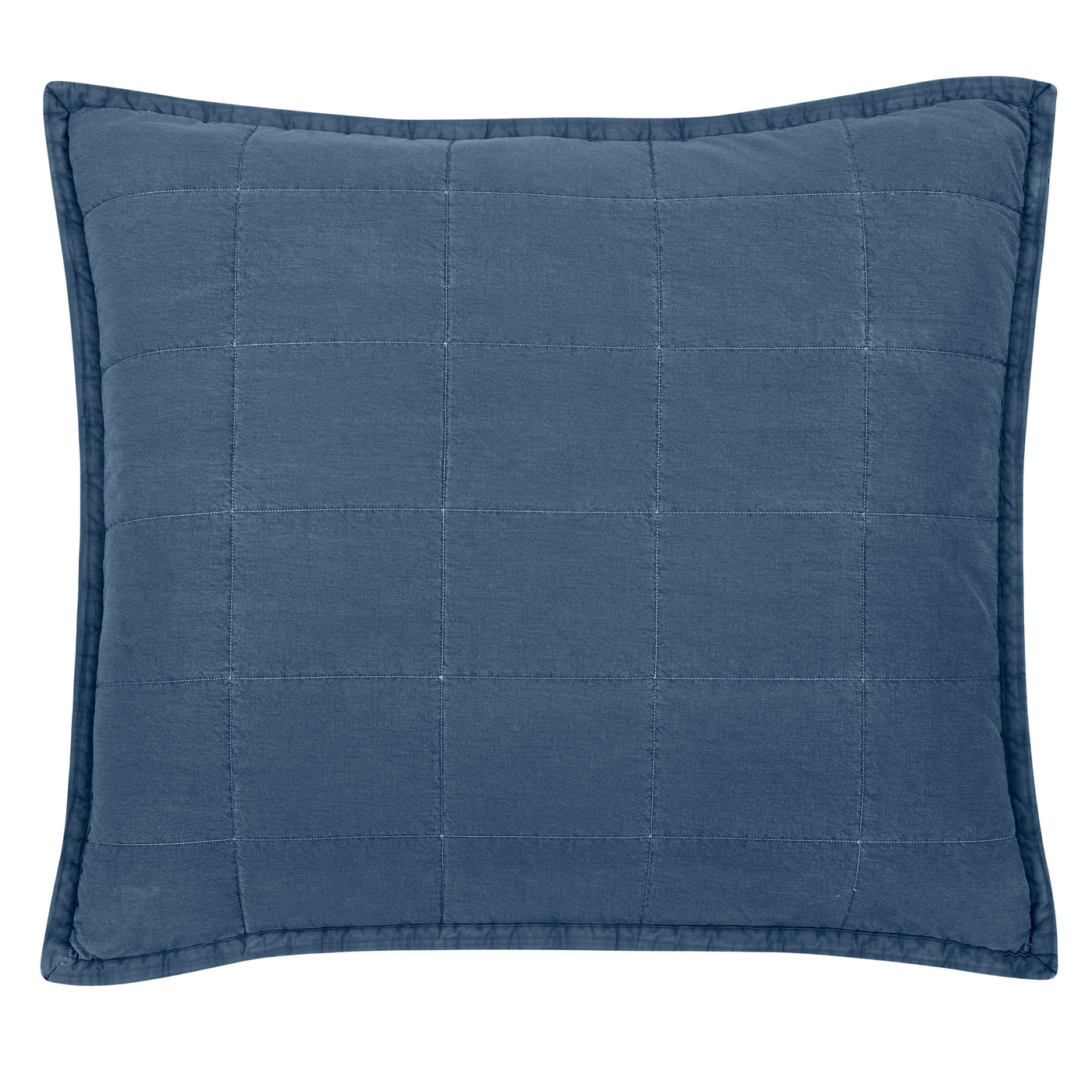 Close-up of Ann Gish Cotton Canvas pillow in navy with grid quilting and flanged edge.