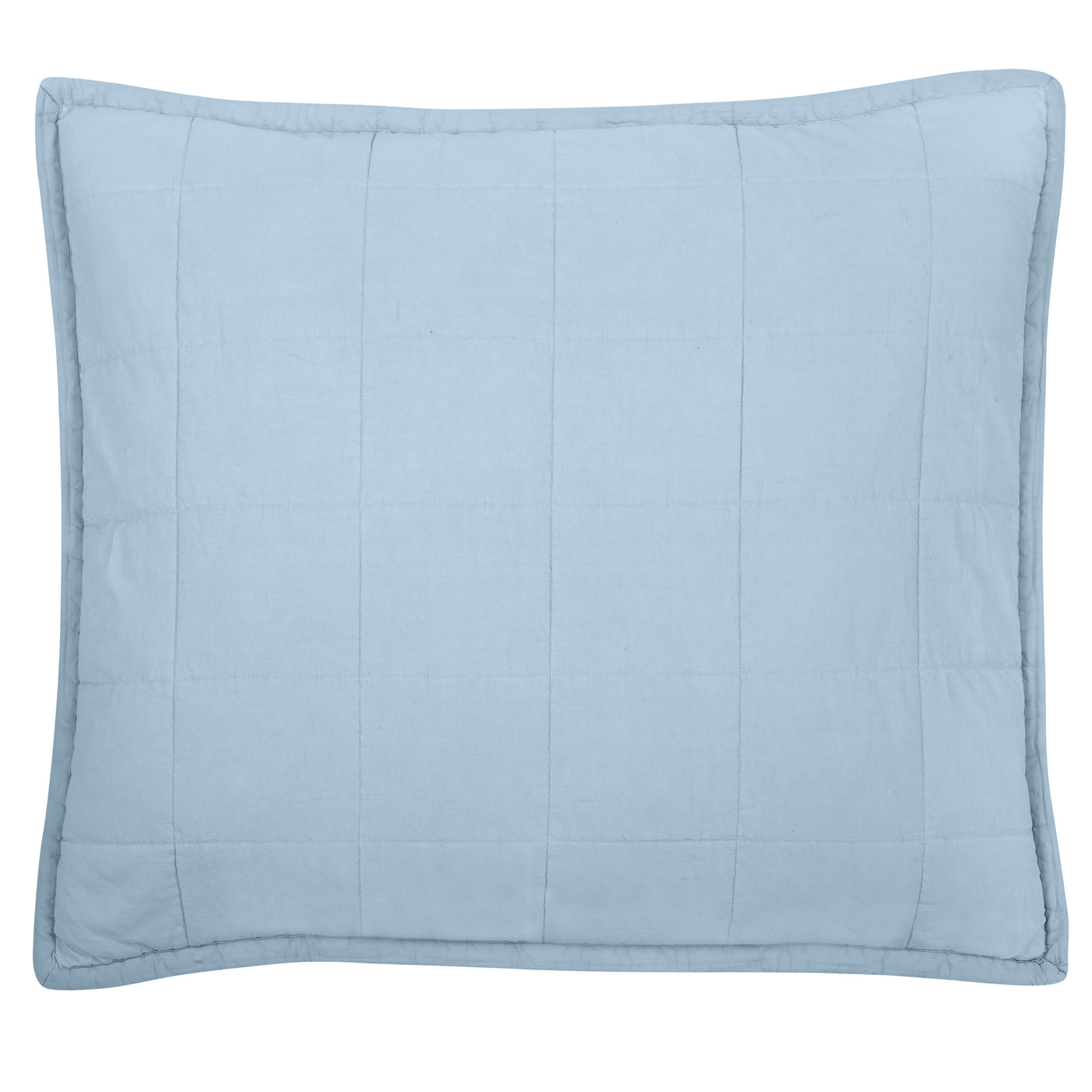 Ann Gish Cotton Canvas pillow in sky blue with vertical quilted channel stitching and flanged edge.