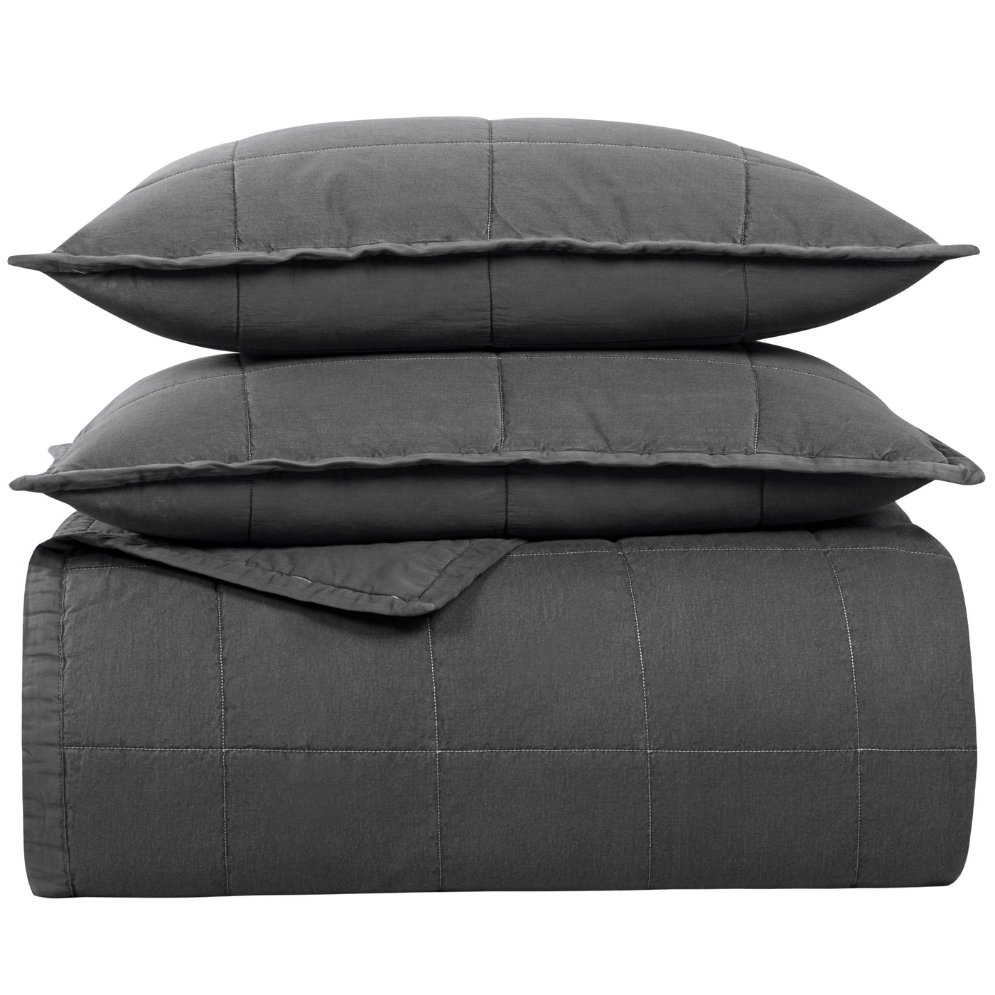 Ann Gish Cotton Canvas Coverlet Set in charcoal, stacked with two quilted shams.