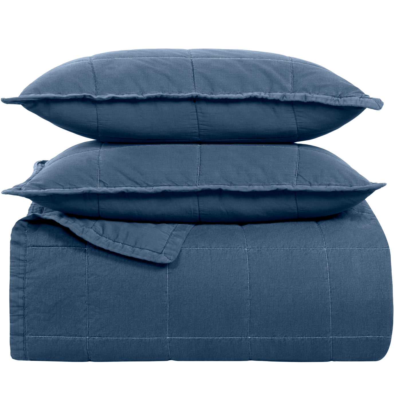 Ann Gish Cotton Canvas Coverlet Set in navy, folded stack with two matching shams showing grid quilting.