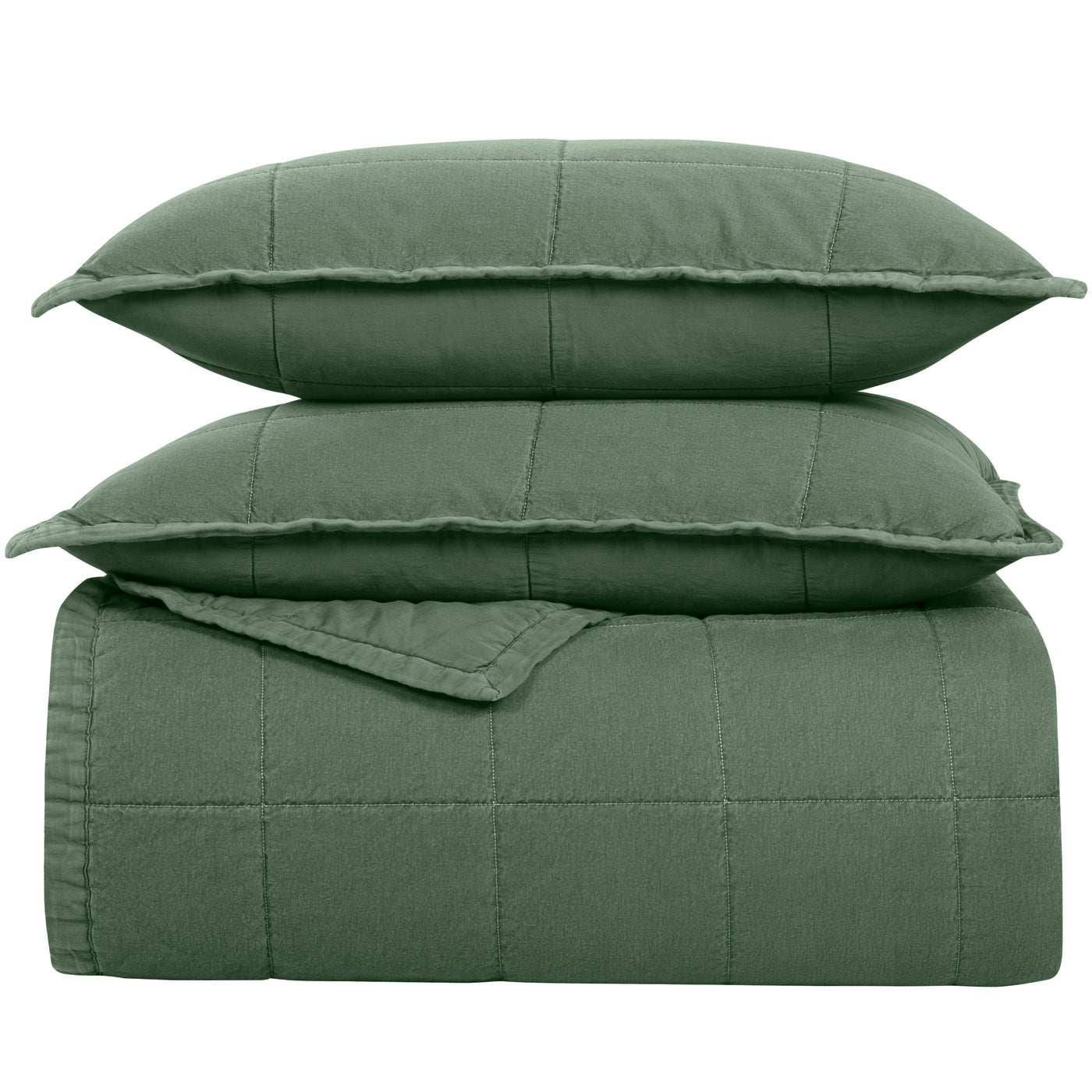 Sage green quilted coverlet set folded with two matching shams, grid-stitch pattern visible.