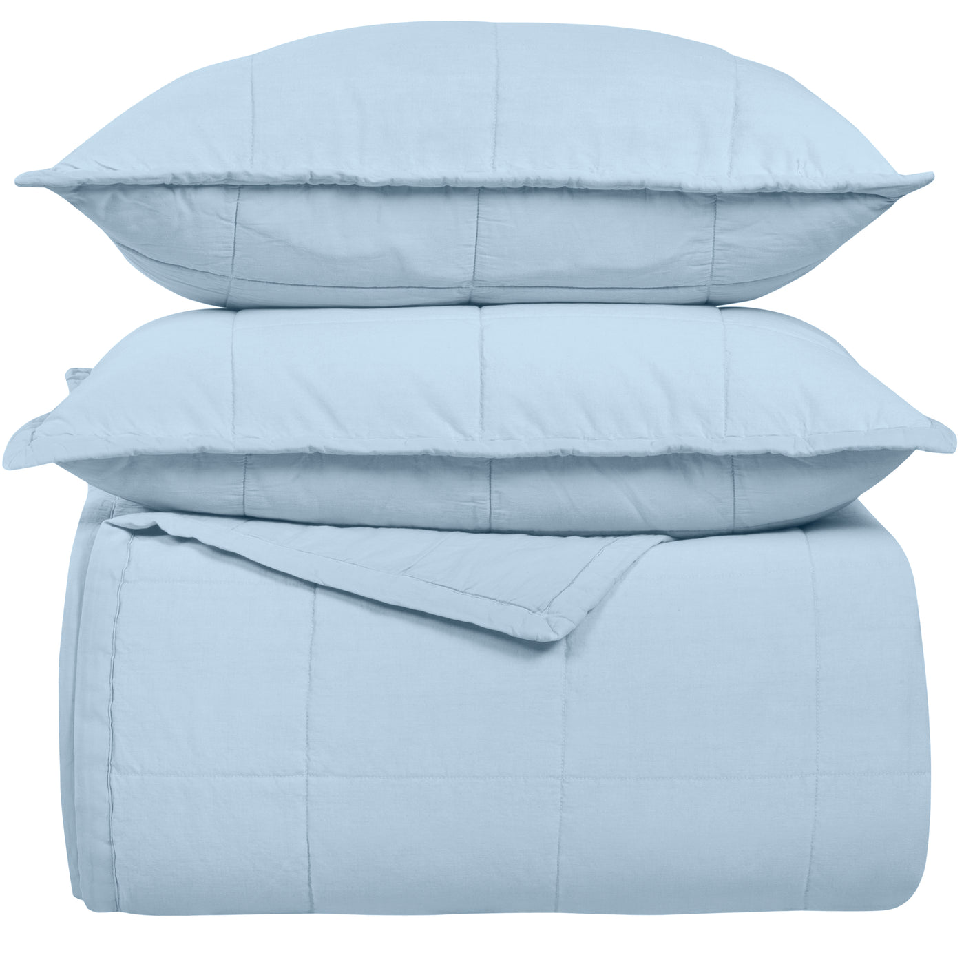 Ann Gish Cotton Canvas coverlet set in sky blue, folded with two matching shams stacked on top.