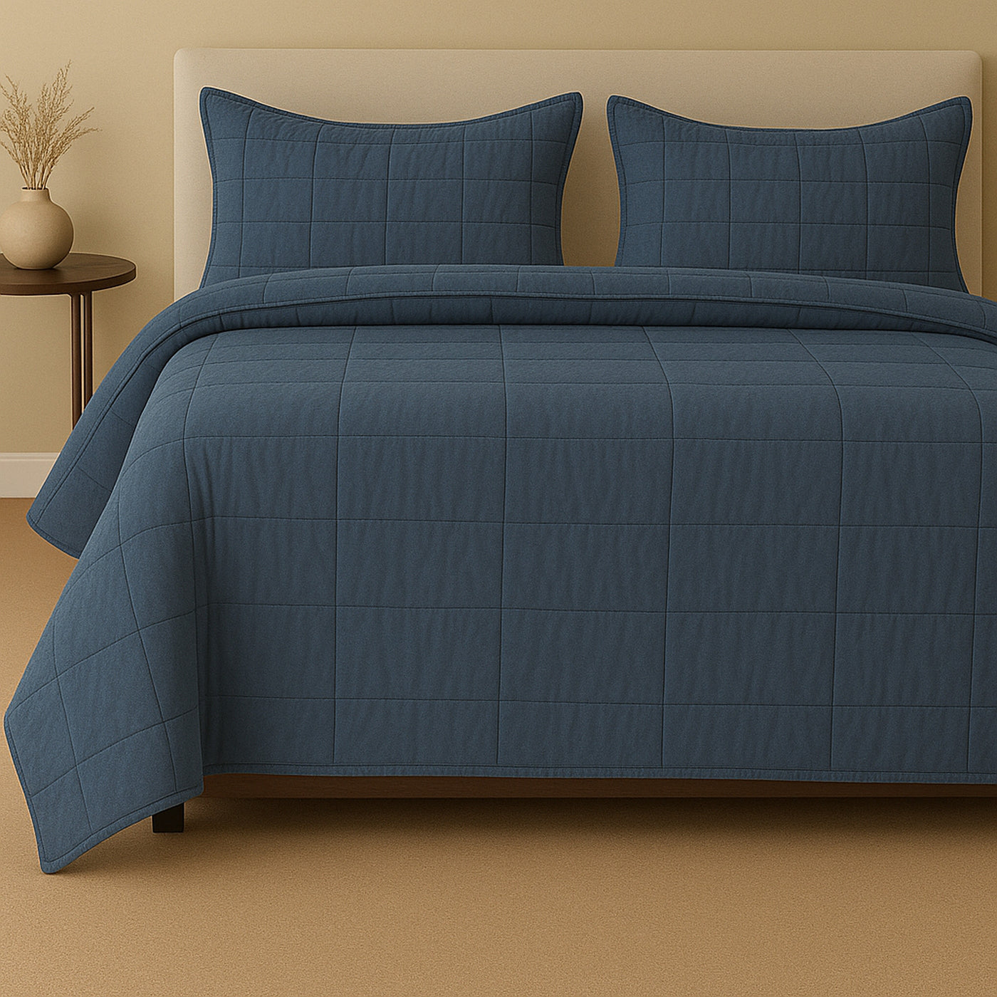 Ann Gish Cotton Canvas Coverlet Set in slate blue, grid-quilted, styled on a made bed with matching shams.